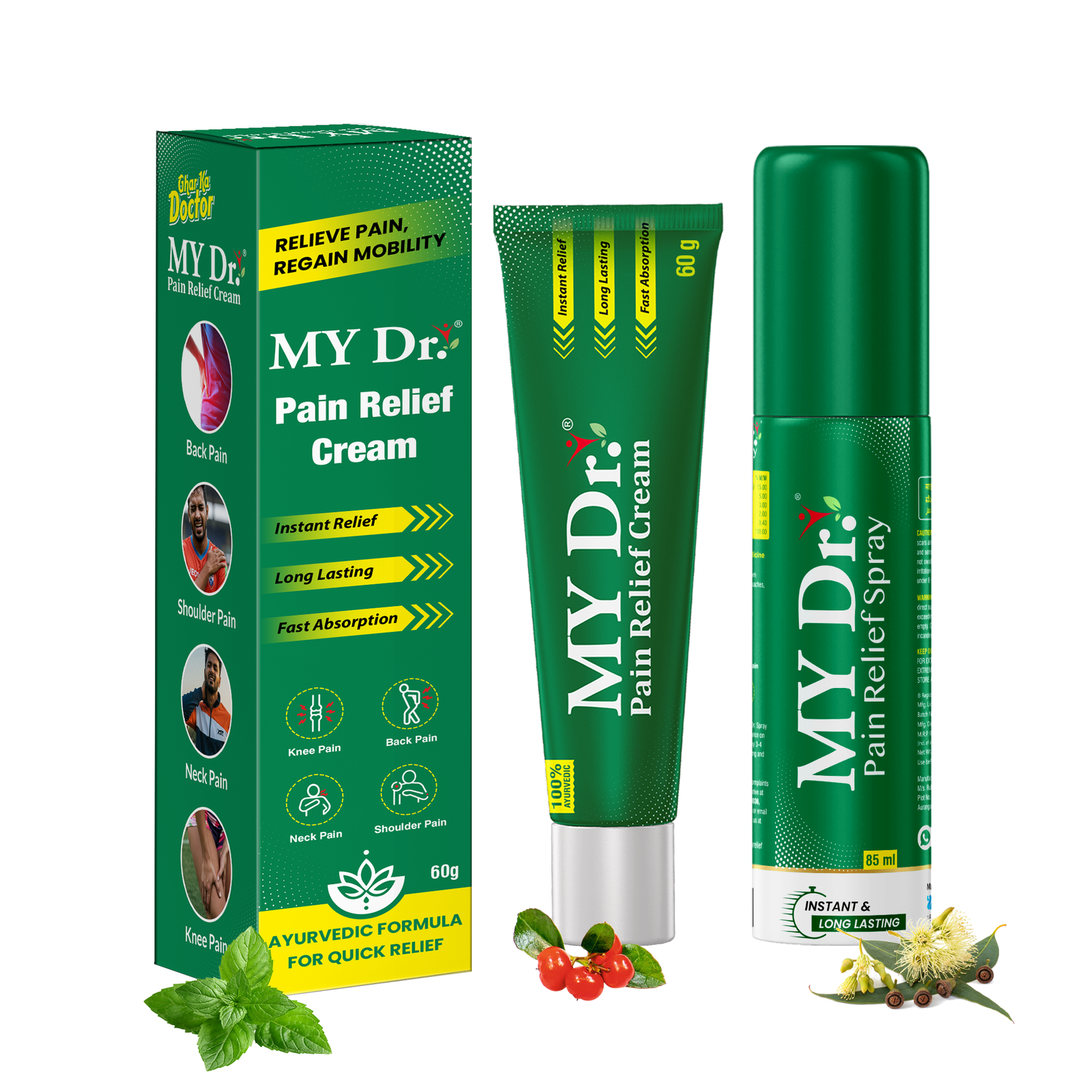 MY Dr. Pain Relief Combo – Ayurvedic Cream 60g + Spray 85ml | Pack of 1