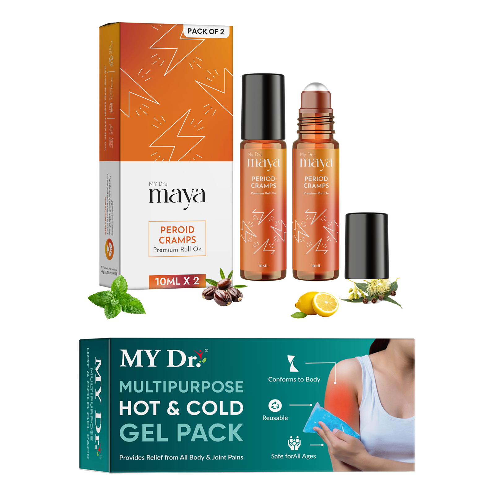 Maya Aromatherapy Period Cramp Premium Roll On for Women | 10ml | Pack of 2 With Hot & Cold Gel Pack (Hover)